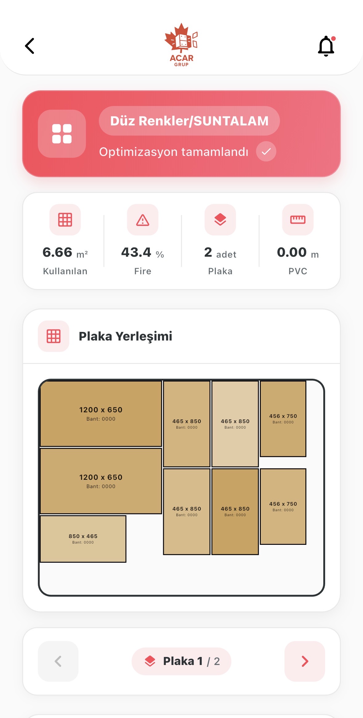 ACAR Mobil uygulama ekran görüntüsü 2 - Ahşap kesim optimizasyonu ve sipariş yönetimi özellikleri