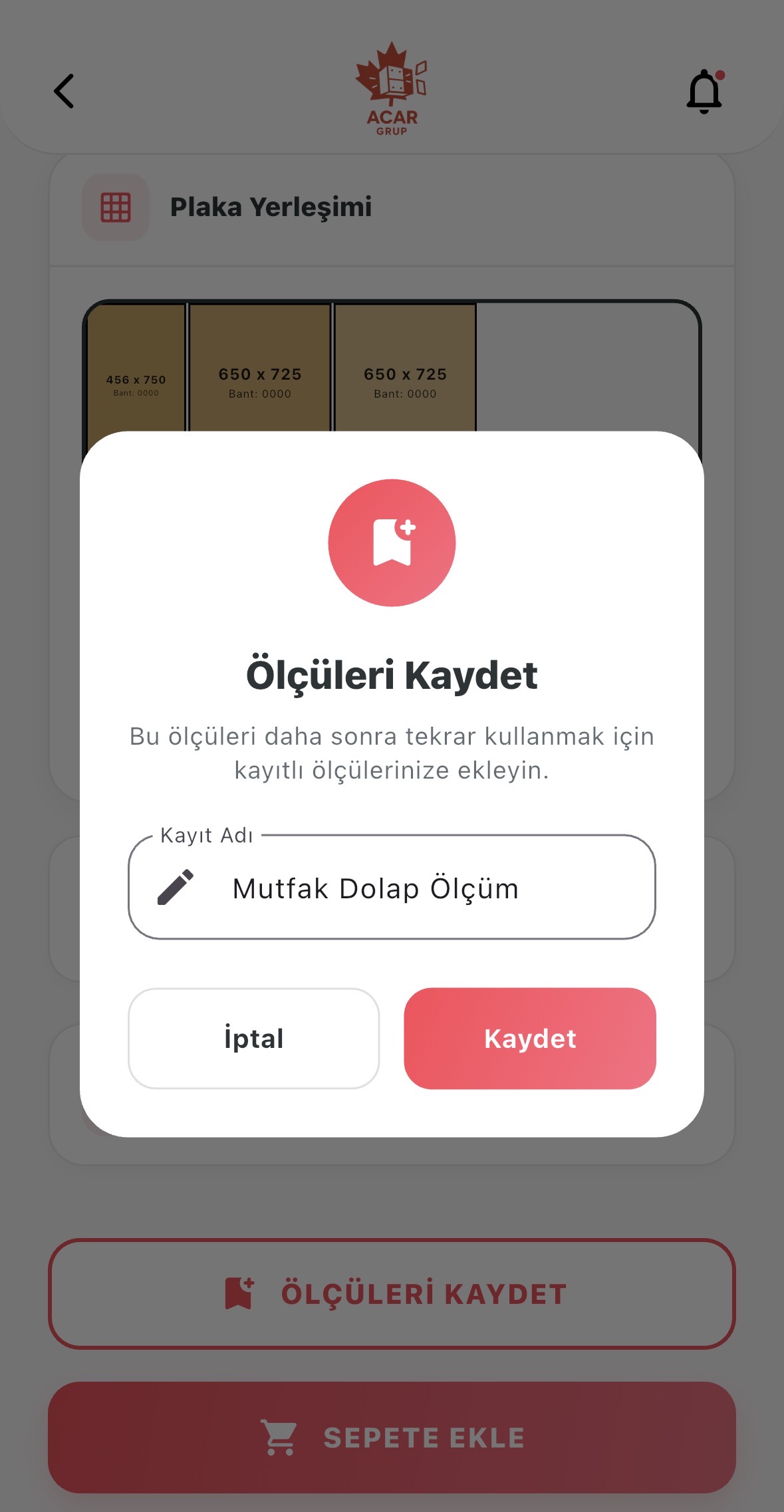 ACAR Mobil uygulama ekran görüntüsü 3 - Ahşap kesim optimizasyonu ve sipariş yönetimi özellikleri